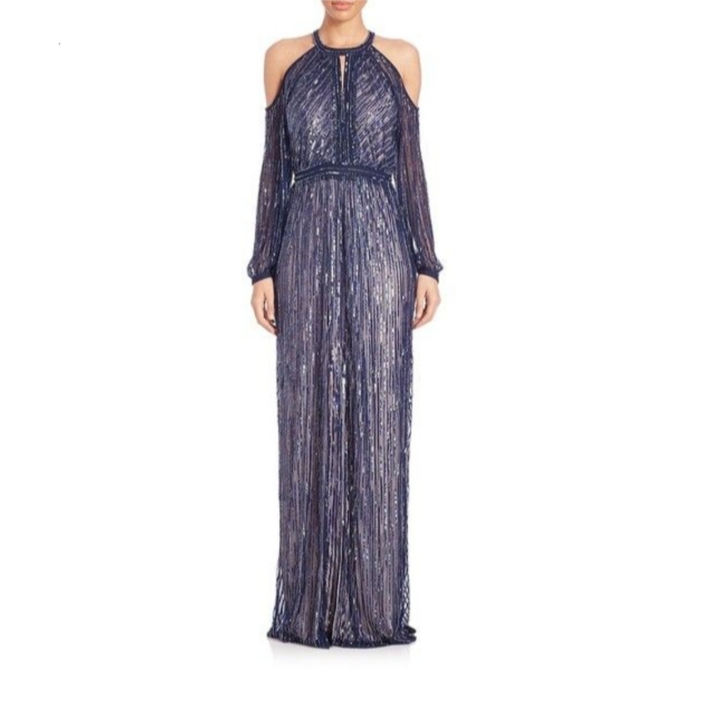 Parker Black Sequined / Embellished Cold- Shoulder Evening Dress, Blue, Size 0